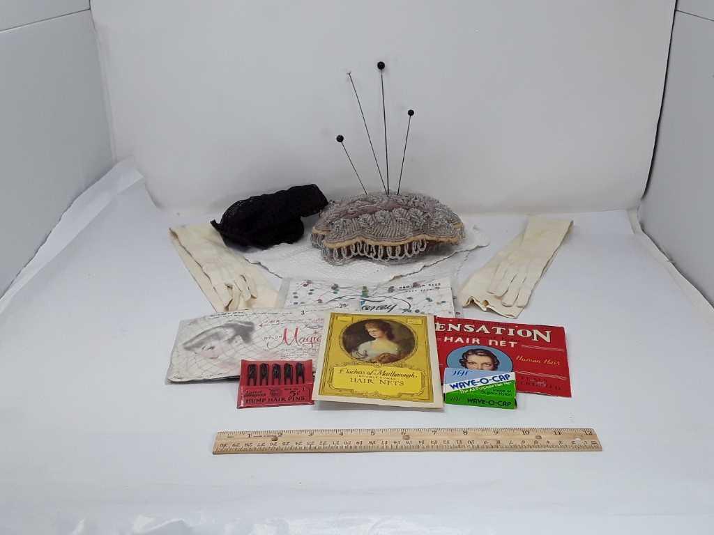 VINTAGE PIN CUSHION / HAIR NETS /GLOVES /HAIR PINS