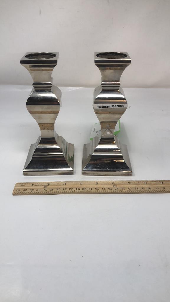 PAIR OF NEIMAN MARCUS SILVER PLATE CANDLE STICKS