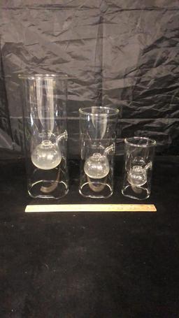 SET OF 3 WOLFARD GLASS CO HAND BLOWN OIL LAMPS