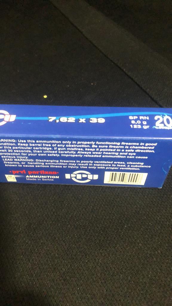 1 BOX OF PPU 7.62X39MM AMMO.