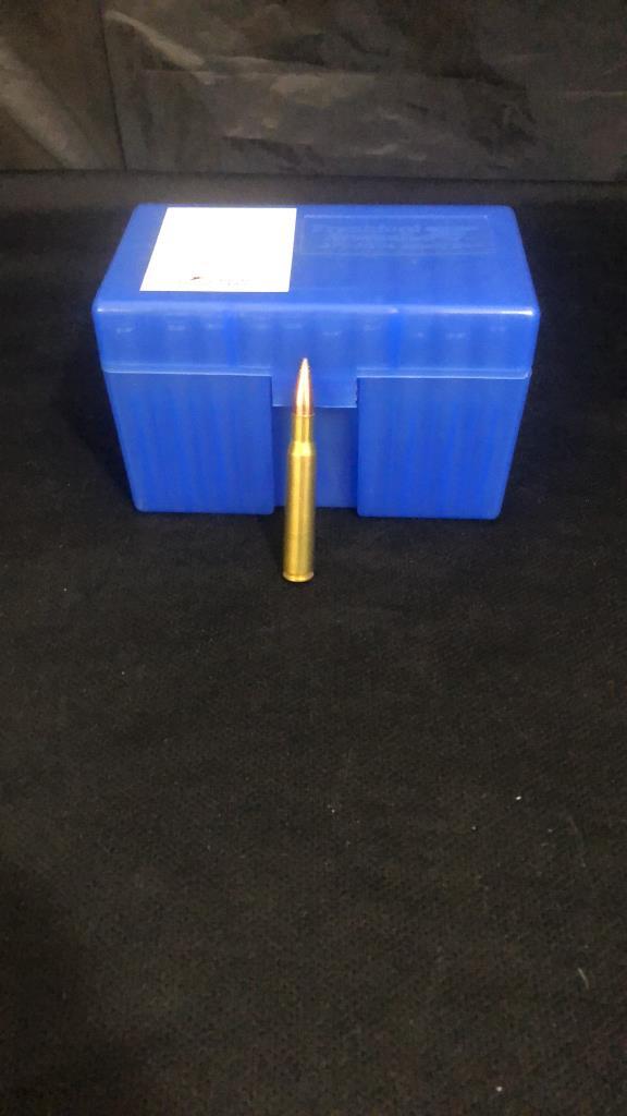 1 PLASTIC BOX OF 30-06 CALIBER RELOADED AMMO.