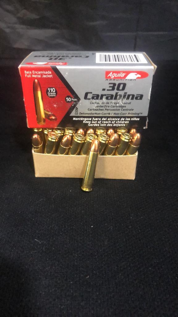 1 BOX OF AGUILA .30 CARBINE AMMO.