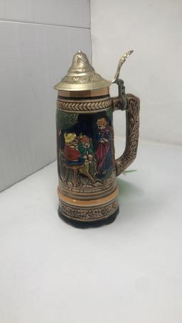 VTG 10"T PEWTER LIDDED CERAMIC STEIN MUSIC BOX