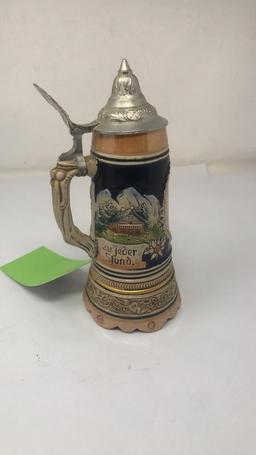 VTG 9.5"T PEWTER LIDDED CERAMIC STEIN MUSIC BOX