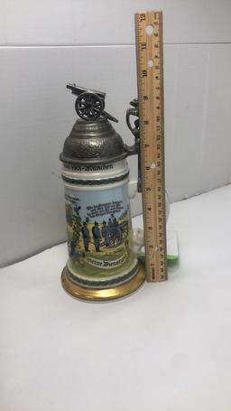 VINTAGE GERMAN PEWTER LIDDED CERMIC STEIN MILITARY