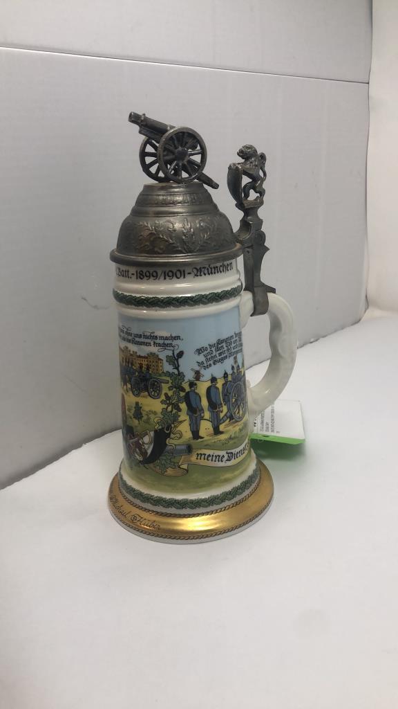 VINTAGE GERMAN PEWTER LIDDED CERMIC STEIN MILITARY