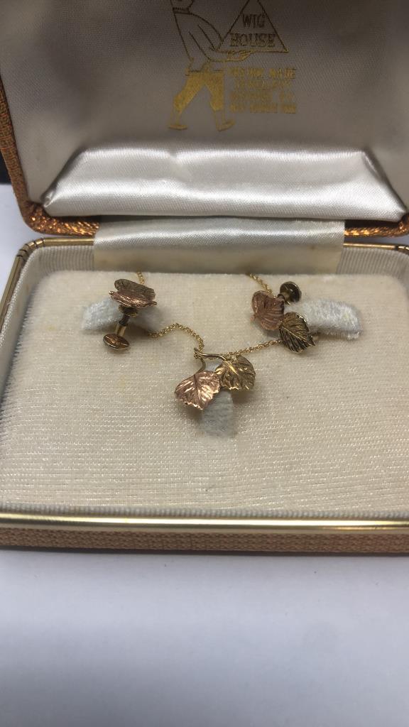 14KY YELLOW & ROSE GOLD LEAF NECKLACE & EARRINGS