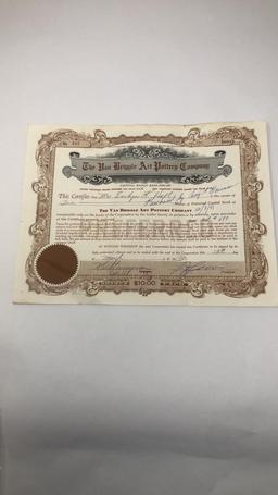 VAN BRIGGLE ART POTTERY CERTIFICATE OF STOCK