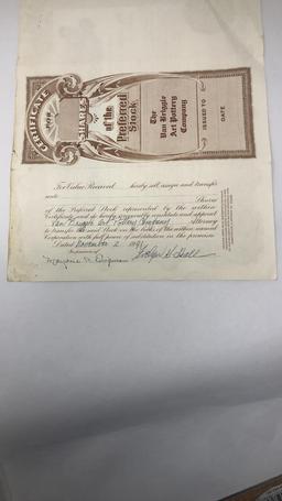 VAN BRIGGLE ART POTTERY CERTIFICATE OF STOCK