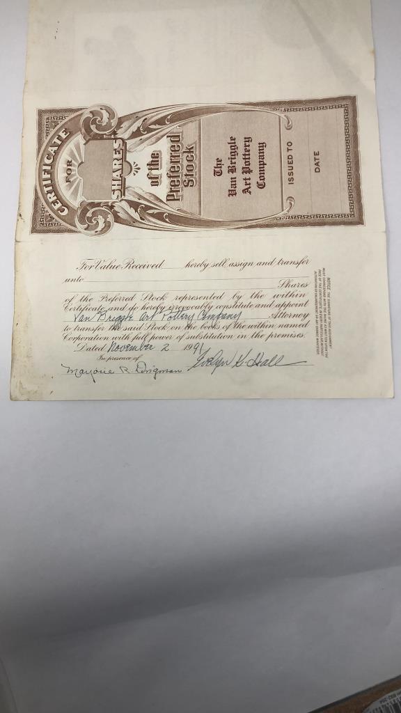 VAN BRIGGLE ART POTTERY CERTIFICATE OF STOCK