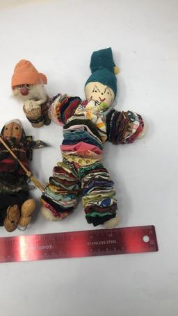 VTG DOLLS SOME HANDMADE, FABRIC YOYOS, NUTS, WOOD