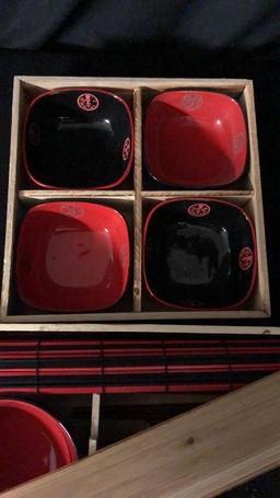RED AND BLACK CERAMIC RICE BOWLS & DINING SET