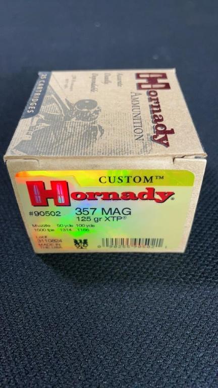 1 BOX OF HORNADY CUSTOM 357 MAG AMMO.