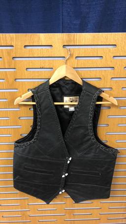 2) BLACK LEATHER VEST WITH FRINGE & FAUX VEST