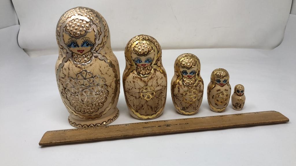 WOOD BURNED NESTING DOLL 5 PC SET