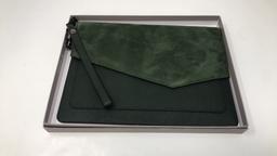 SUEDE GREEN CLUTCH, WHITE SCARF, & TRAVEL BAGS