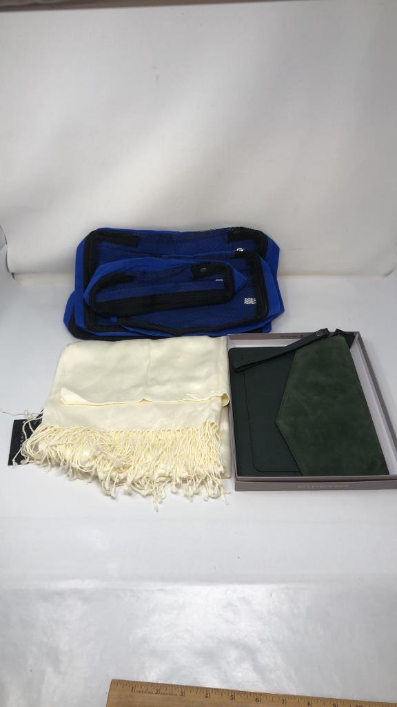 SUEDE GREEN CLUTCH, WHITE SCARF, & TRAVEL BAGS