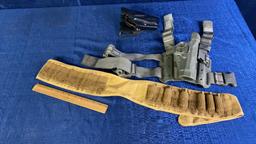 2) PISTOL HOLSTERS & SHOTGUN AMMO BELT.