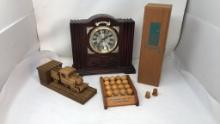 MANTLE CLOCK, TRAIN, AND MORE WOOD ITEMS