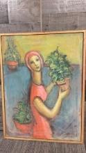 WOMAN WITH POTTED PLANTS ORIGINAL OIL PAINTING