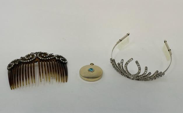 PERFUME BOTTLE, VTG HAIR COMB, & TIARA