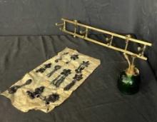 BRASS WALL RACK, GLASS MISTER BOTTLE, & APPLIQUE