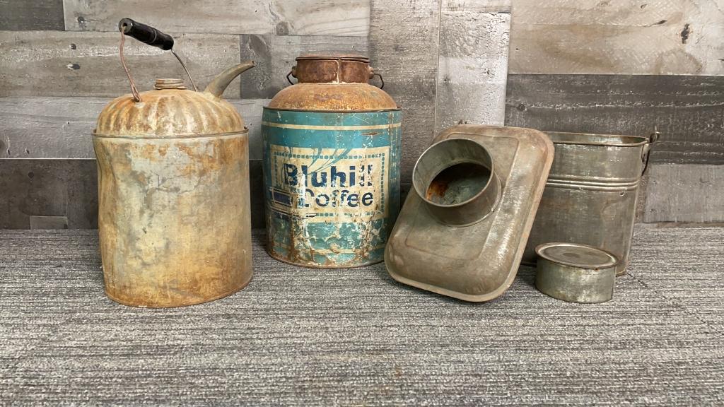 VTG TIN RAILROAD LUNCH PAIL, GAS CAN & COFFEE PAIL