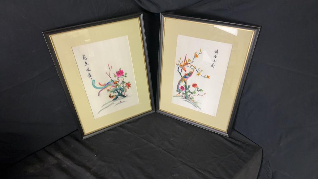 PAIR OF ASIAN SILK EMBROIDERY NATURE FRAMED ART