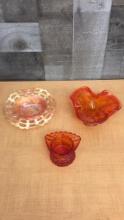 AMBERINA GLASS ASHTRAYS & MARIGOLD CARIVAL DISH