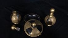 FLORAL GOLD-TONE POWDER DISH & PERFUME BOTTLES