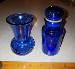 Lot Of Blue Glass Apothecary Jar Vase