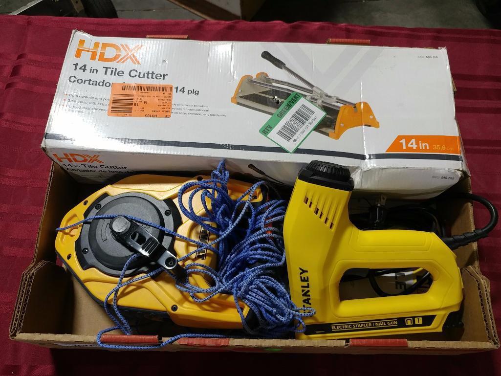 Lot of 3, Stanley HD Electric Staple/Nail Gun, HDX 14" Tile Cutter and DeWalt 3:1 HD Chalk Line