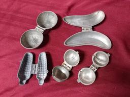 Ice cream molds (5), all pewter, fruits and vegetables, all Exc cond,Banana,Corn,Citrus Fruits,Peach