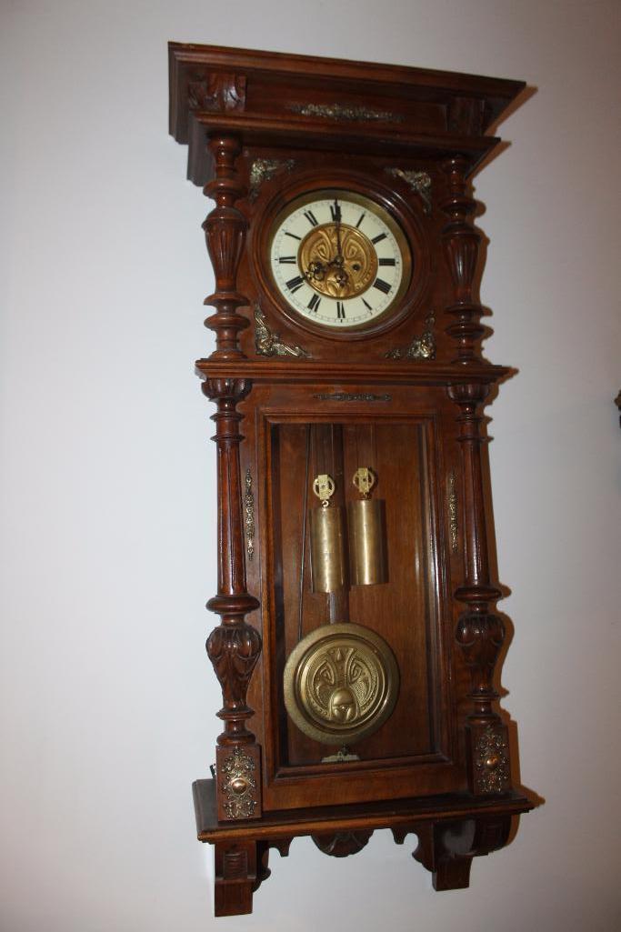 German, Brass Works, 2 Weight Driven Ornate Wall Clock