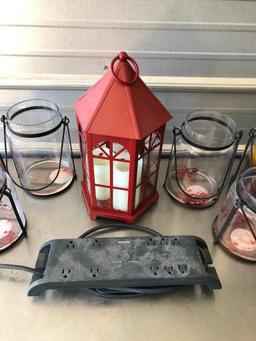 Lot of 6 Glass Candle Holders, Metal Lantern and a Power Strip