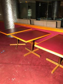 Lot of 3 Restaurant Tables, 48" x 30", Iron Base, Formica Top w/ Wood Trim