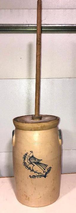 Blue Bird Stoneware Crock Butter Churn w/ Lid and Plunger