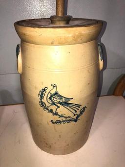 Blue Bird Stoneware Crock Butter Churn w/ Lid and Plunger