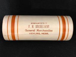 F.H. Steckelberg General Merchandise Uehling, NEBR Stoneware Crock Advertising Rolling Pin w/ 1 Chip