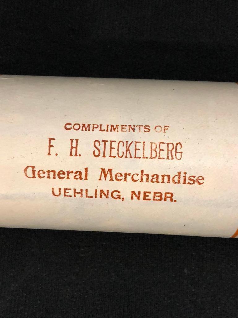 F.H. Steckelberg General Merchandise Uehling, NEBR Stoneware Crock Advertising Rolling Pin w/ 1 Chip