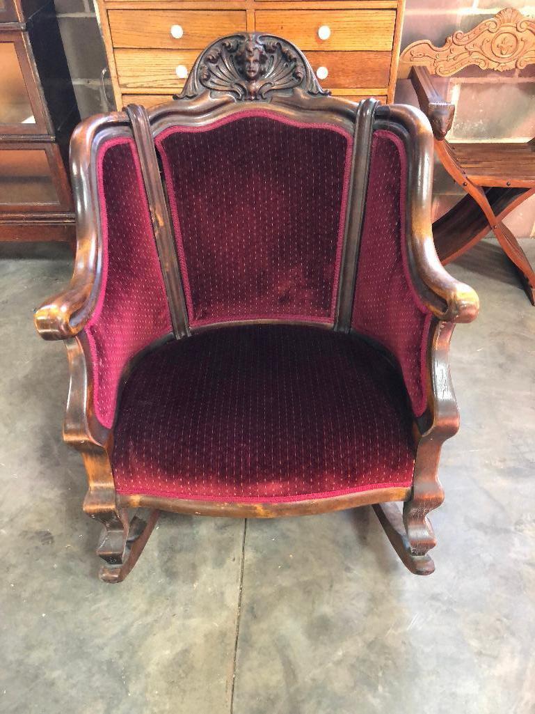 Ornate Carved Wood and Upholstered Fabric Victorian Rocking Chair, 36" t, 27" x 22"