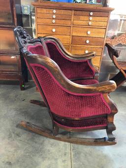 Ornate Carved Wood and Upholstered Fabric Victorian Rocking Chair, 36" t, 27" x 22"