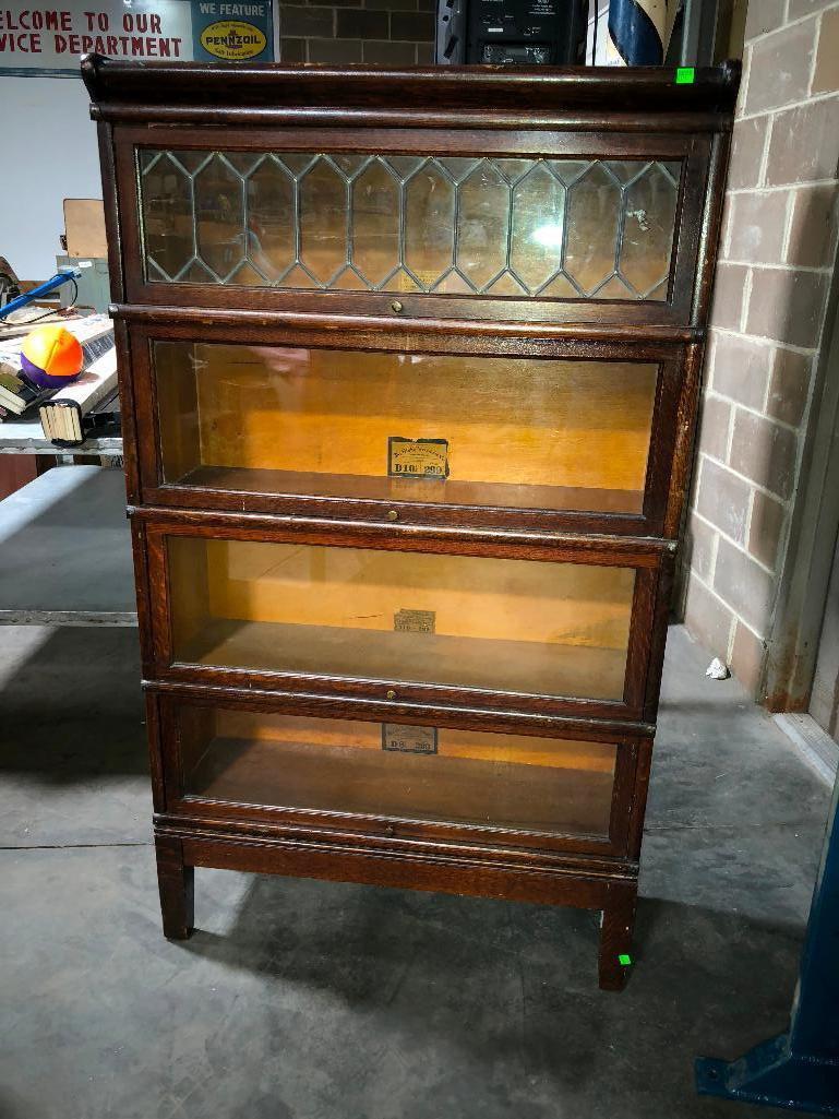 Four Section Globe-Wernicke Co. Glass Front Barrister Lawyer Stacking Bookcase Orig. Crown/Base, 59"