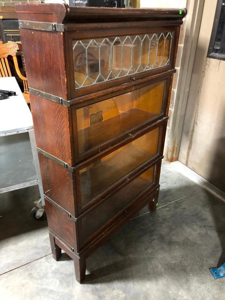 Four Section Globe-Wernicke Co. Glass Front Barrister Lawyer Stacking Bookcase Orig. Crown/Base, 59"