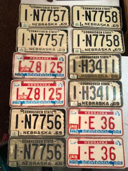 Vintage Nebraska License Plates, 6 Sets, 1969 & 1976