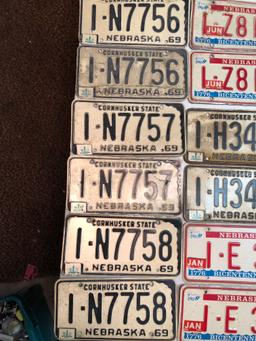 Vintage Nebraska License Plates, 6 Sets, 1969 & 1976