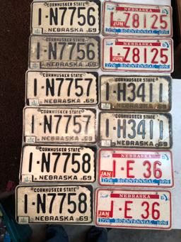 Vintage Nebraska License Plates, 6 Sets, 1969 & 1976