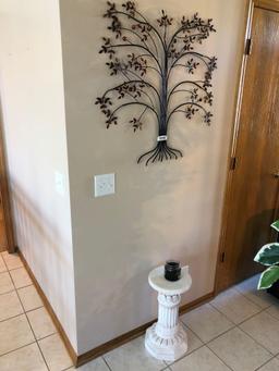 2 Artificial Trees, Metal Tree Wall Hanger, Pedestal & Candle