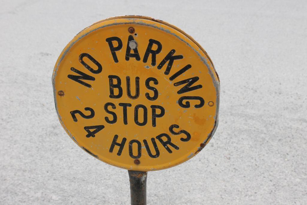 Bus Stop / No Parking Sign on Lollipop Sign Stand and Base