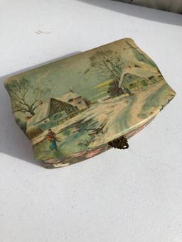 Celluloid Dresser Box w/ Winter Scene